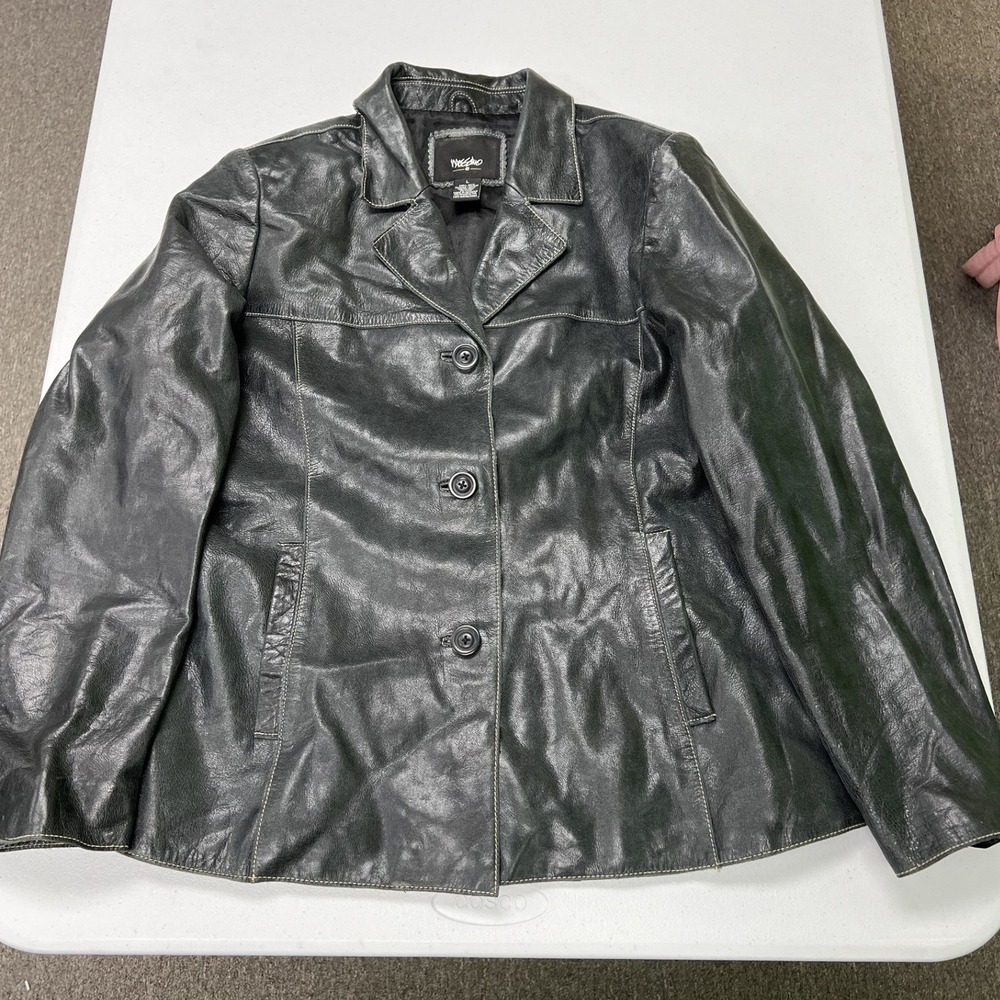 Mossimo Leather Jacket Women L Black Button Front Contrast Stitch Blazer G1